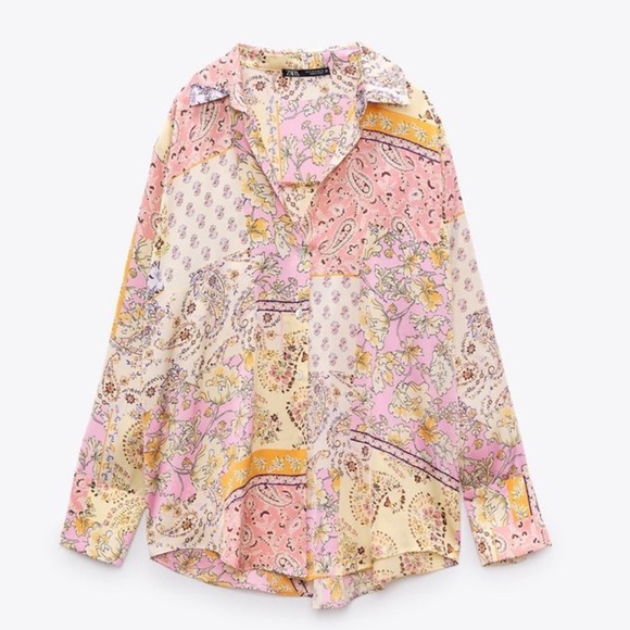 Zara Tops - Zara Pink Yellow Floral Patchwork Button-Up Blouse